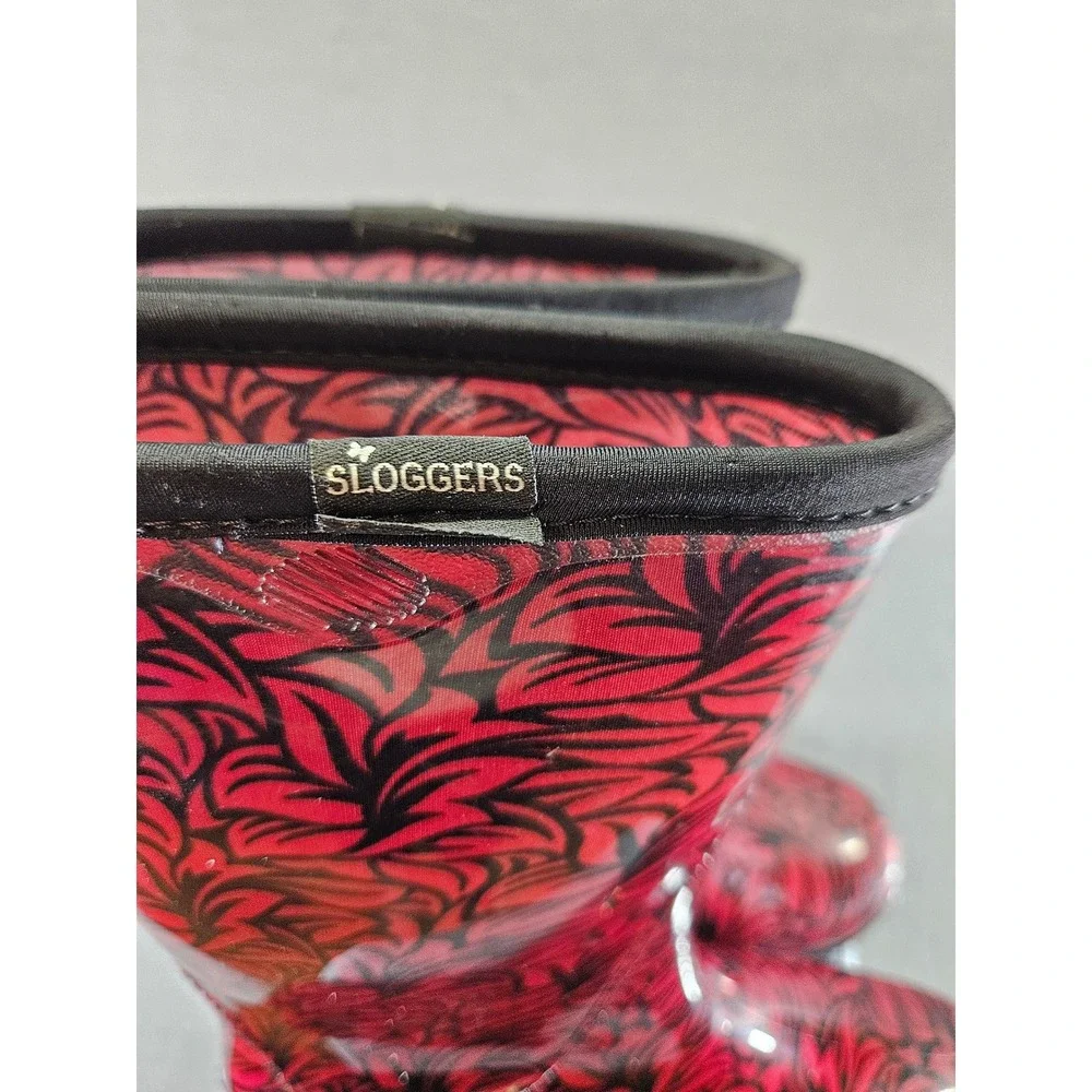 Sloggers Womens Red Black Leaf Print Waterproof Rain Garden Boots Made in USA 9